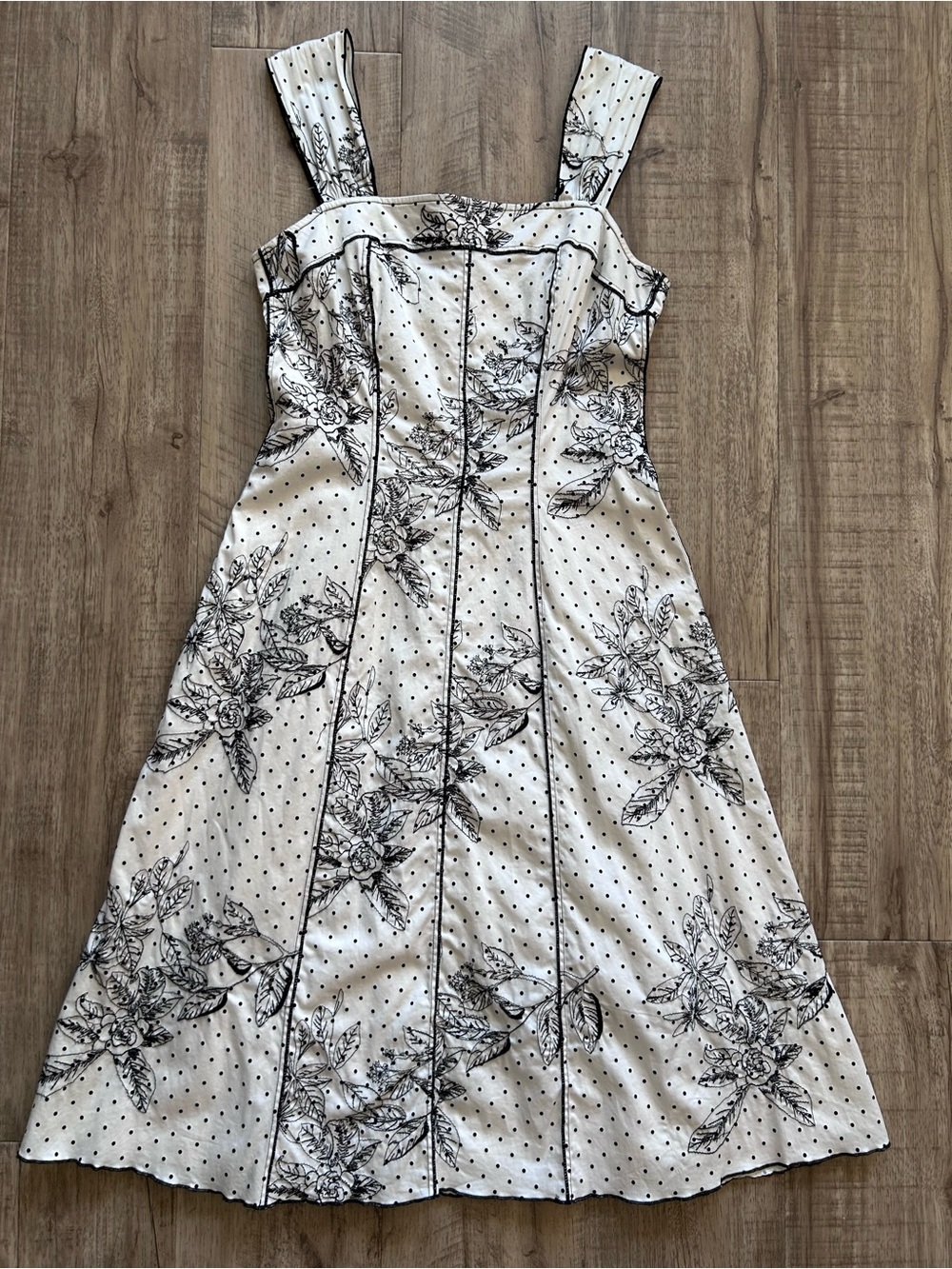 Embroidered cotton Classic White & Black Floral Midi Dress timeless polka dot